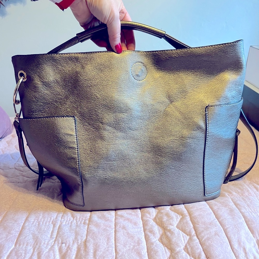 - Metallic Silver Gray Charcoal Handbag Purse with hand strap or shoulder …